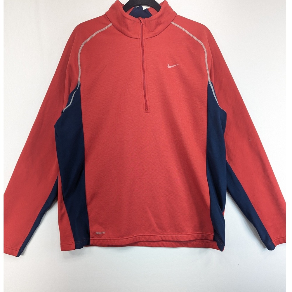 Nike Team‎ Therma Mens XL Quarter Zip Pullover Red Navy Blue NikeFIT Activewear